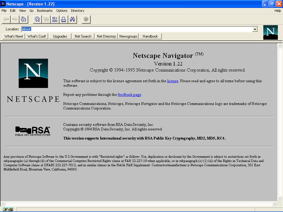 Netscape Navigator 1.22 for Windows XP About Screen (1995)